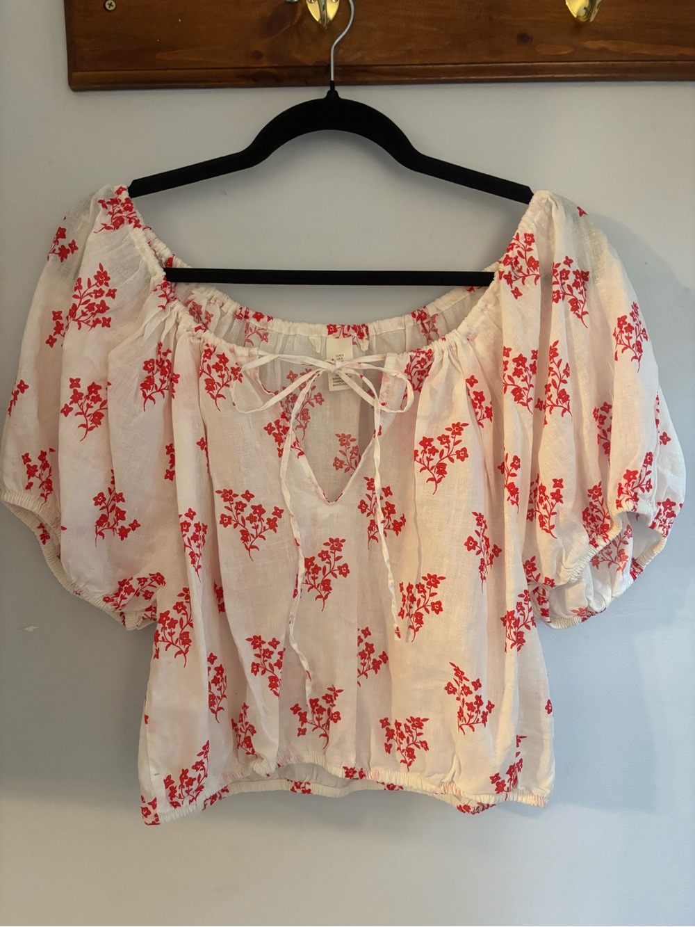 H&M White Blouse with Red Floral Print and Tie Neck